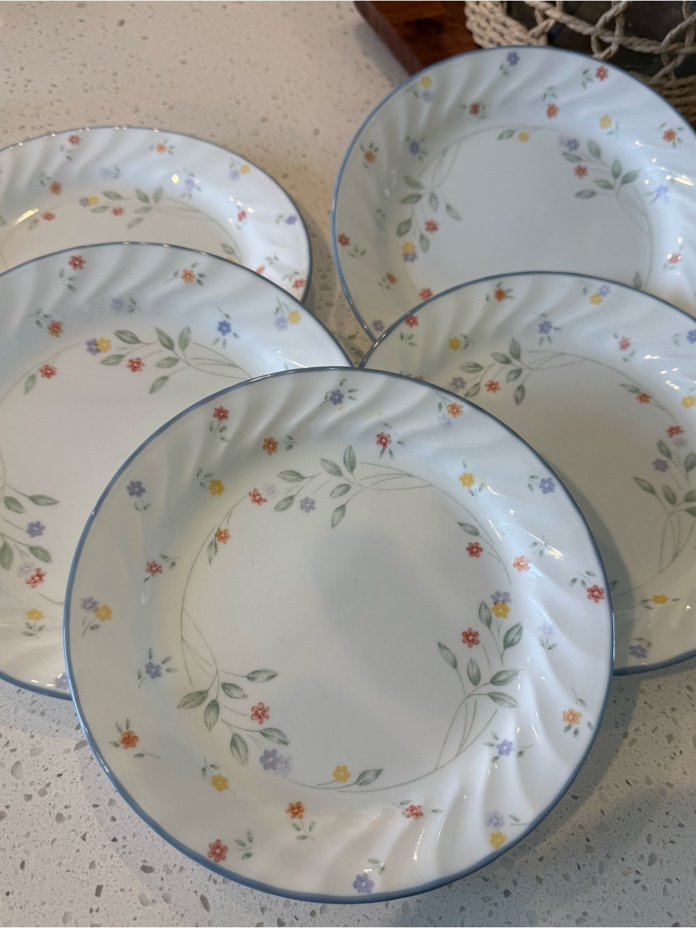 5 Corelle English Meadow 7 1/4” Dessert Plates Set Vitrelle Blue Rim Flowers